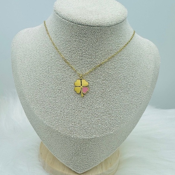 Pink & White Heart Four-Leaf Clover Pendant Necklace in Gold Bundle - Picture 7 of 9